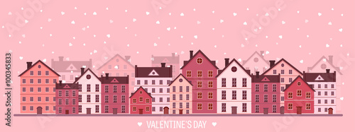 Vector illustration. City with hearts. Love. Valentines day. 14 february. Cityscape. Town.