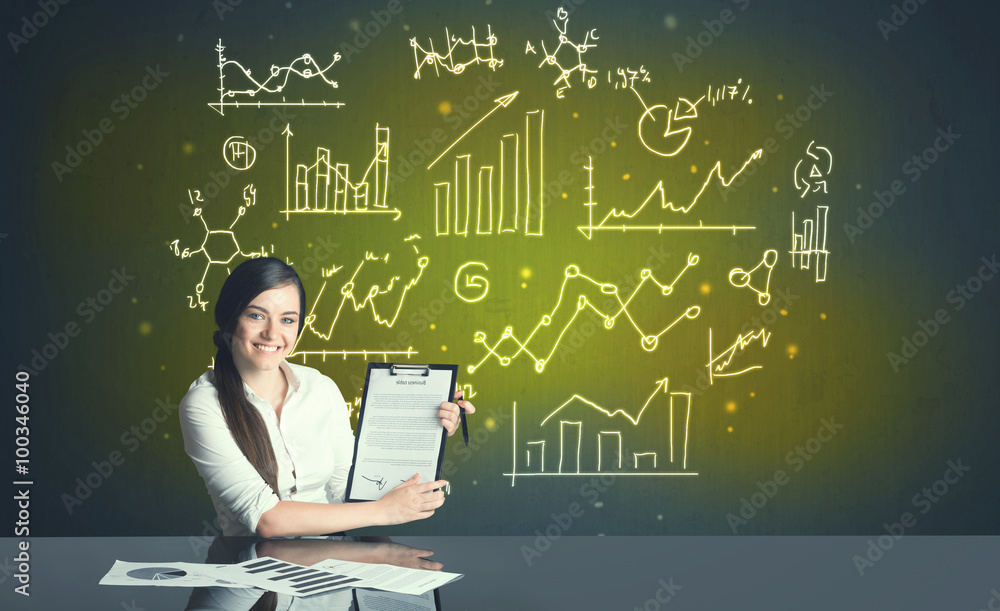 businesswoman with business diagrams businesswoman with business diagrams