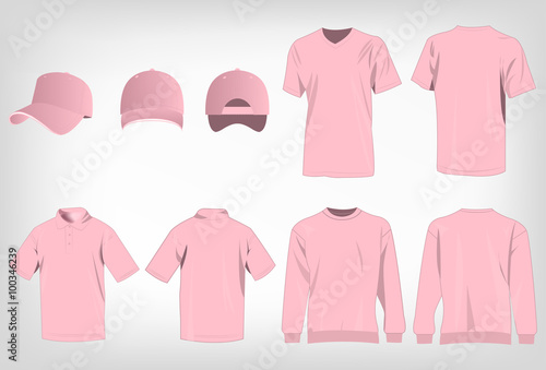Sport pink t-shirt, sweater, polo shirt and baseball cap isolated set vector