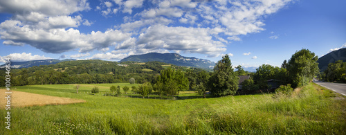 Landscape view from Savoy, Rone - Alps, France. Farmland between annecy and Aix -les-Bain