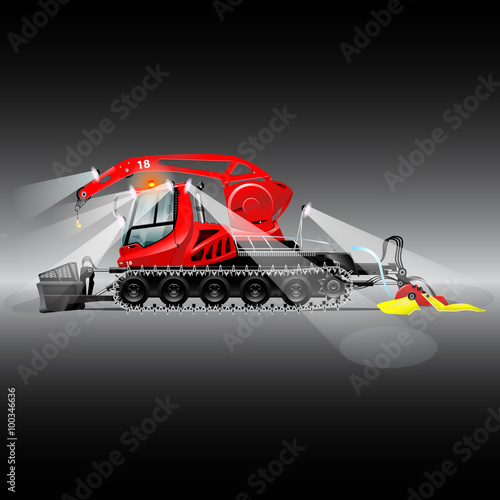 Bilde på lerret Red snowcat with headlights, crane, bucket and machine compacted snow