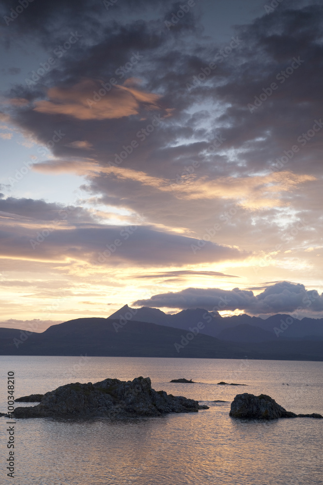 Sunset over the Sea and Cuillin Hills, Isle of Skye, Scotland