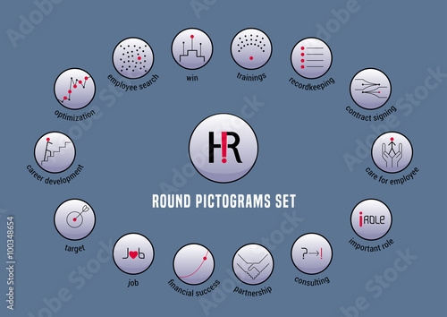 Human resource vector round icons set with lettering for print, web, presentation, etc.