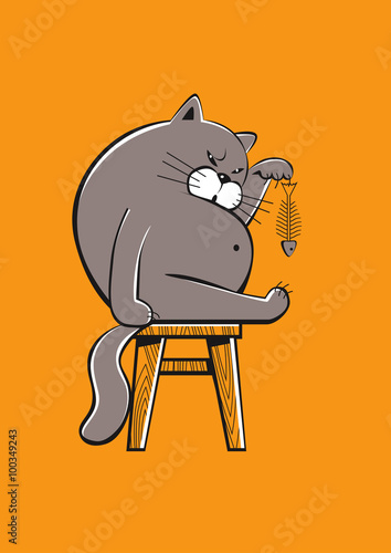 Funny fat cat finishing a fish, vector format