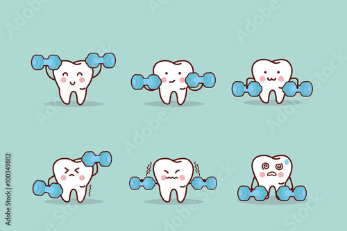 health cartoon tooth with dumbbell