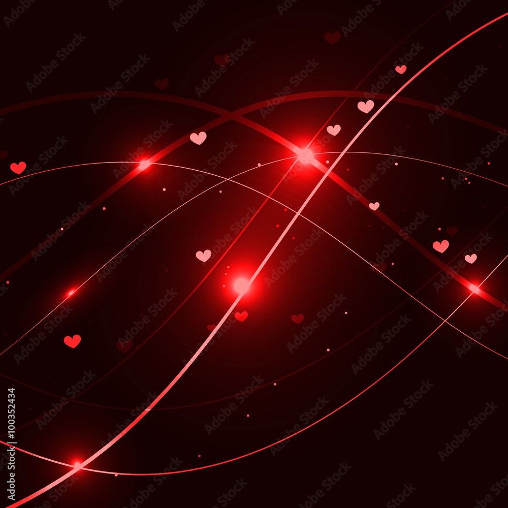 Fototapeta Beautiful red Valentine background with hearts and sparks. Vector illustration.