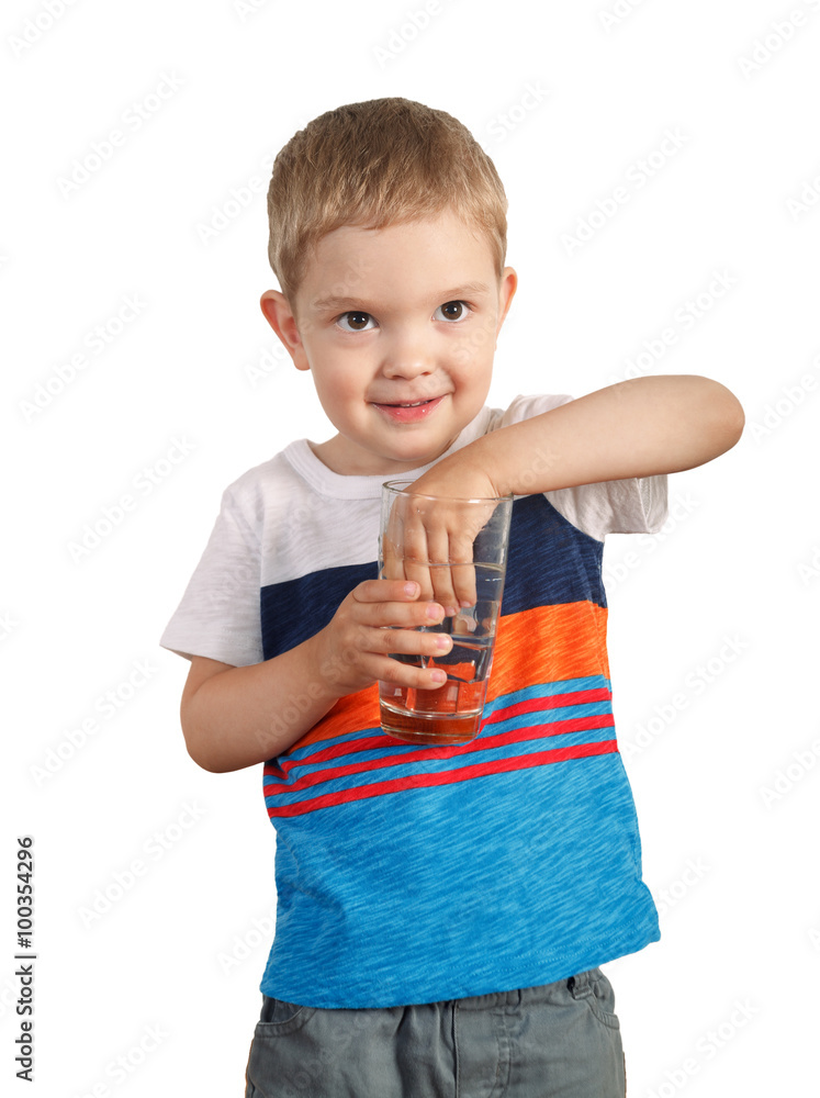 toddler boy holding glass with ice water. isolated on white