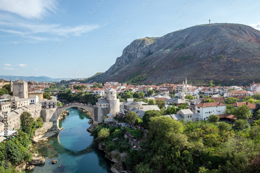 Aerial view on Mostar city with Old Bridge, Bosnia and Herzegovina