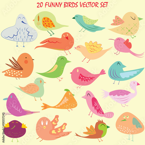 Twenty funny and cute birds cartoon set for children. Clip art collection of different little and lovely birds drawn by hand. They can be used as symbols, icons or logos - Vector and illustration