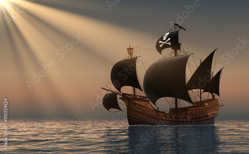 Pirate Ship In Rays Of the Sun.