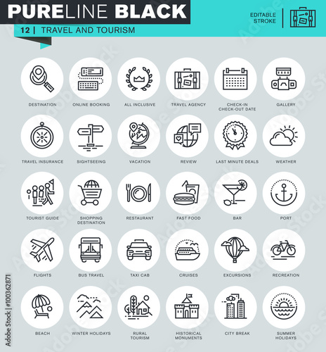 Thin line icons set of travel and tourism, for travel agencies, holidays offer, information about destinations, types of transport. Icons for website and mobile website and apps with editable stroke. 