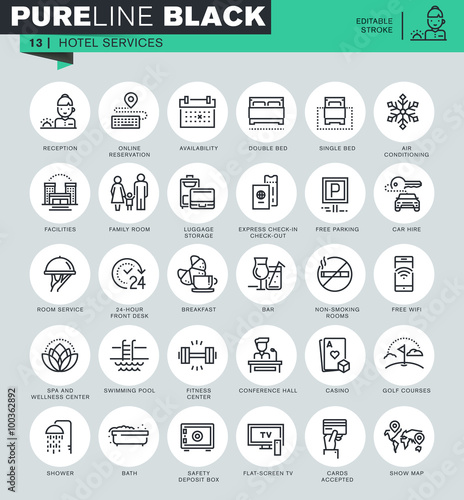 Thin line icons set of hotel services and facilities, online booking, travel information. Icons for website and mobile website and apps with editable stroke. 