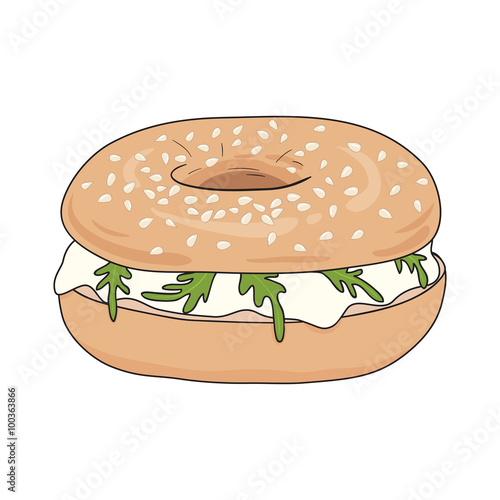 Fresh bagel sandwich with cream cheese and rucola. Delicious breakfast. Take away fast food. Vector illustration.