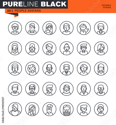 Thin line icons set of people avatars, for social network, social media, profile page. Icons for website and mobile website and apps with editable stroke. 