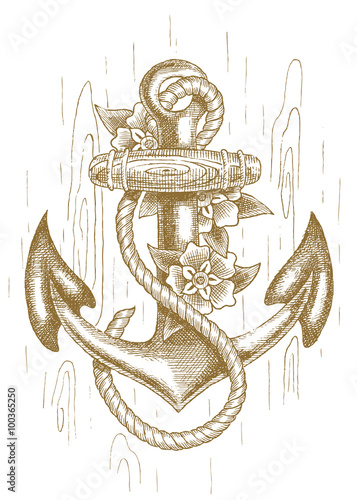 Sea anchor with rope and flowers drawn by hand