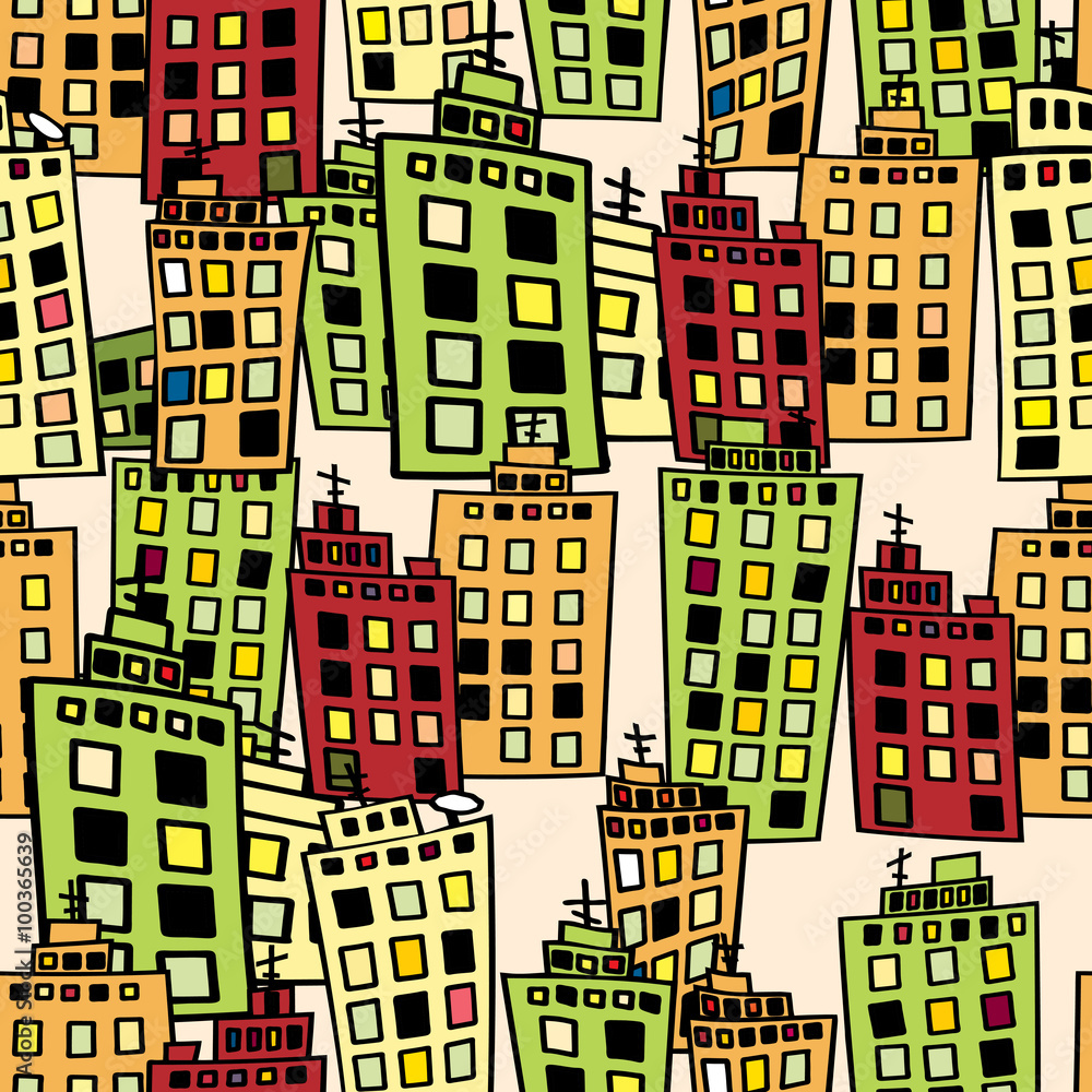 Seamless texture of urban homes. Dense buildings. Vector illustration.