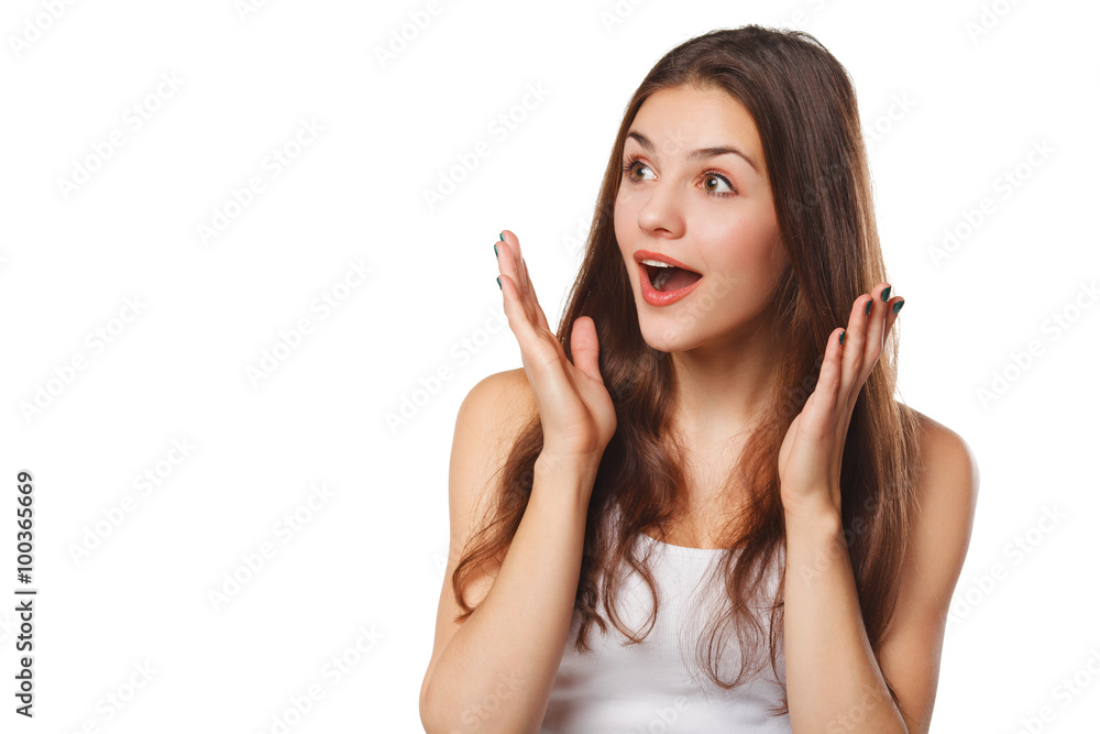 Surprised happy beautiful woman looking sideways in excitement. Isolated on white background Surprised happy beautiful woman looking sideways in excitement. Isolated on white background