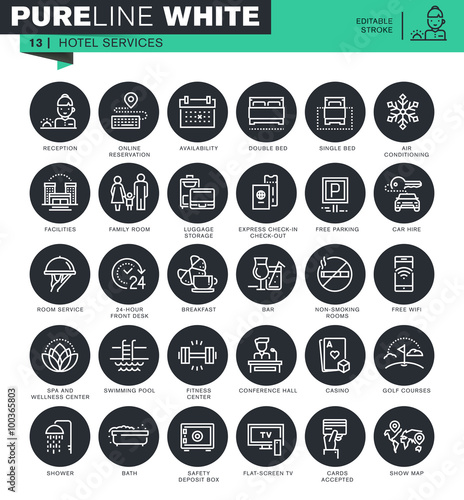 Set of thin line icons for hotel services. Icons for website and mobile website and apps with editable stroke. 