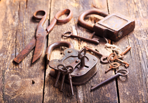 old locks and keys on wooden table