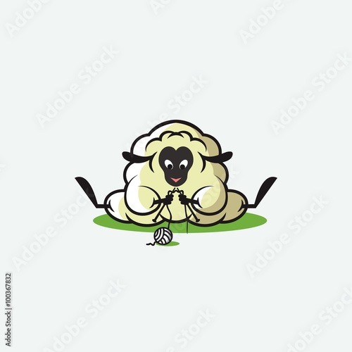 Cartoon sheep sitting down and knitting