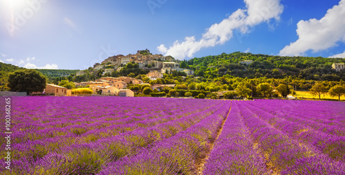 Simiane la Rotonde village and lavender panorama. Provence, Fran photo