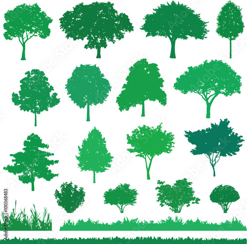 Set of green tree, shrub and grass