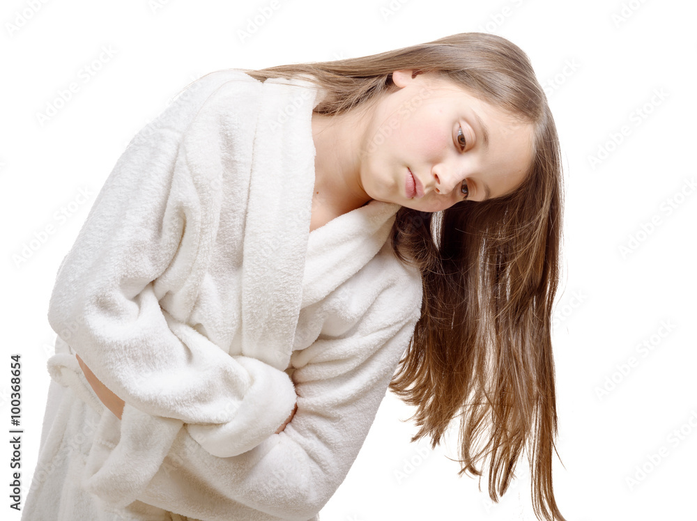girl has a stomachache with bathrobe, isolated on white backgrou girl has a stomachache with bathrobe, isolated on white backgrou