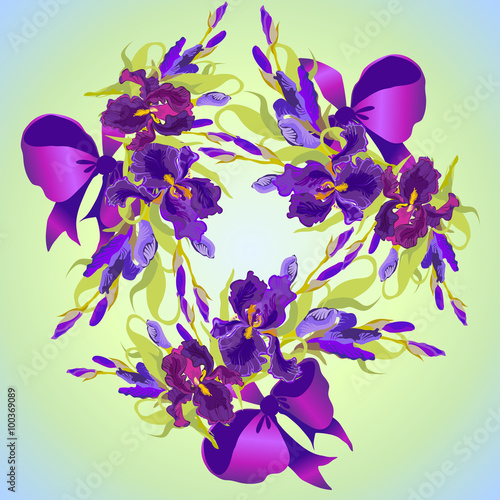 Fototapeta Naklejka Na Ścianę i Meble -  Wedding card with violet iris flower wreath background. Vector illustration