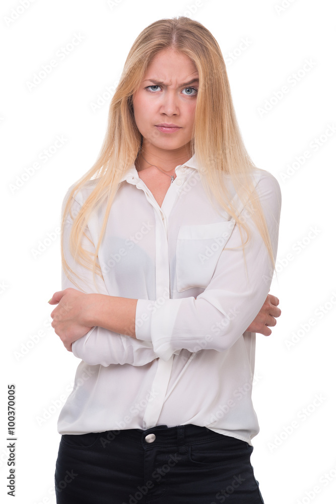 Closeup portrait of sad and depressed woman isolated on white with copyspace Closeup portrait of sad and depressed woman isolated on white with copyspace