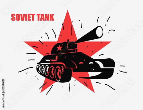 Vector silhouette of the Soviet tank against red star. Vector hand drawn image.