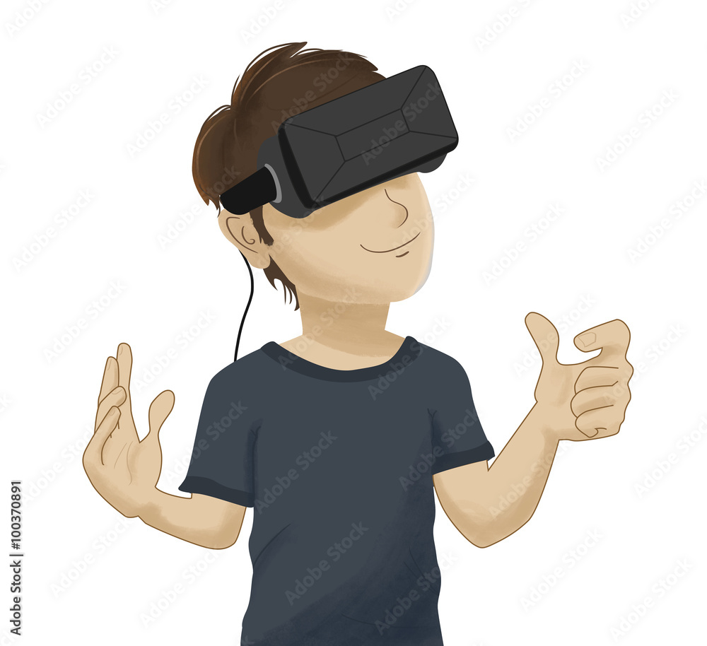 Hombre con unas gafas VR de realidad virtual. las gafas estan conectadas a  un ordenador o a un smart phone y ve contenido immersivo frente a sus ojos  ilustración de Stock
