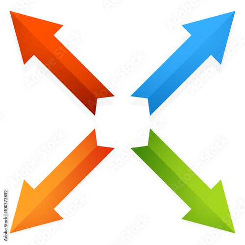 Colorful 4 way diagonal arrows pointing outwards. Vector.