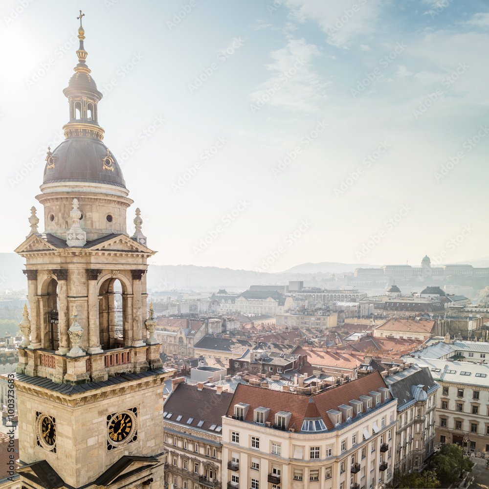 Bell tower of St. Stephen's Basilica and view of Budapest