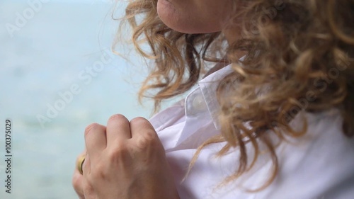 Beautiful Sexy Woman with Curly Hair Unbutton Shirt. Closeup.   photo