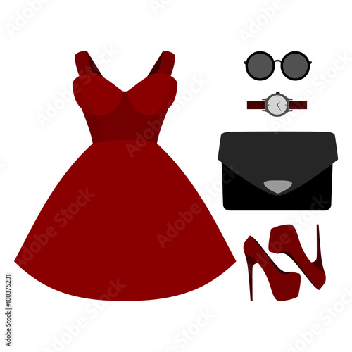 Set of trendy women's clothes. Outfit of woman dress and accessories. Women's wardrobe. Vector illustration