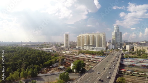 Descending camera view of Presnensky district near Begovaya station in Moscow
