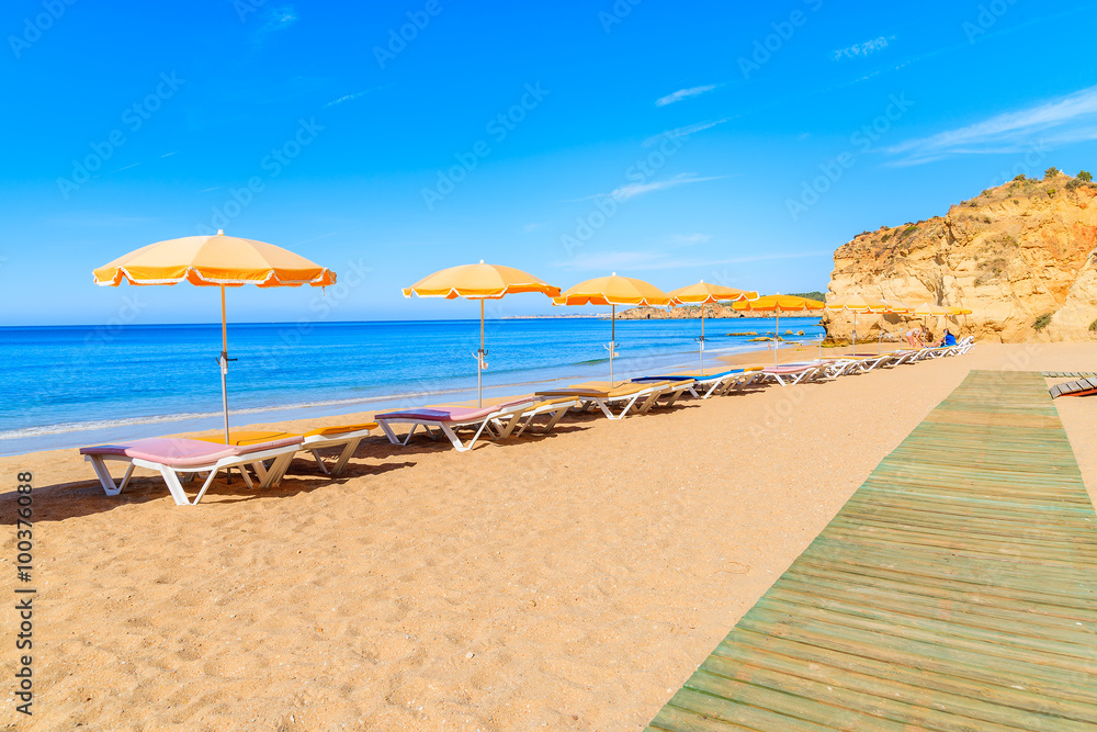 Fototapeta premium Palm trees and houses on coastal path along Praia da Rocha beach, Algarve region, Portugal
