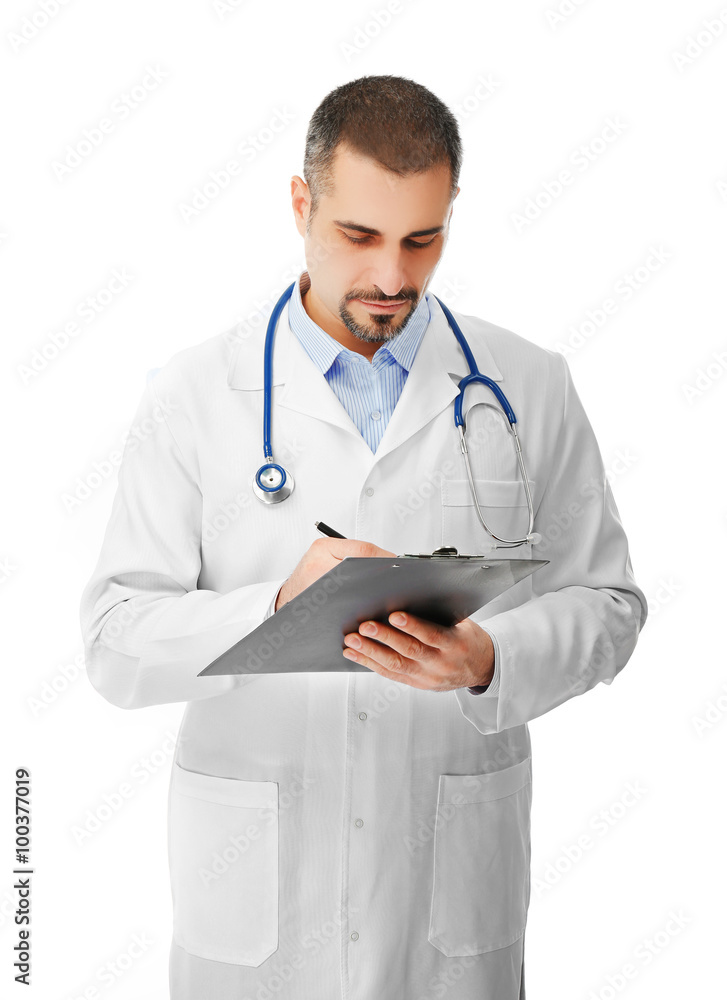 Portrait of a doctor with prescription board in hands isolated on white background Portrait of a doctor with prescription board in hands isolated on white background