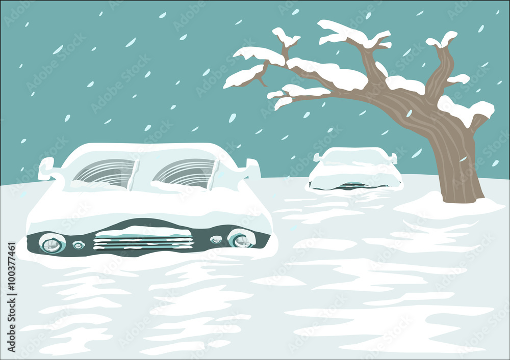 Cold spell concept. Blizzard blankets a city with cars and streets covered with Snow. Editable Clip Art.
