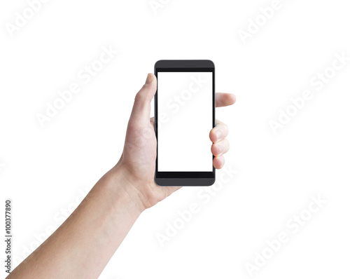 Left hand holding big touch screen smart phone, isolated on white, clipping path