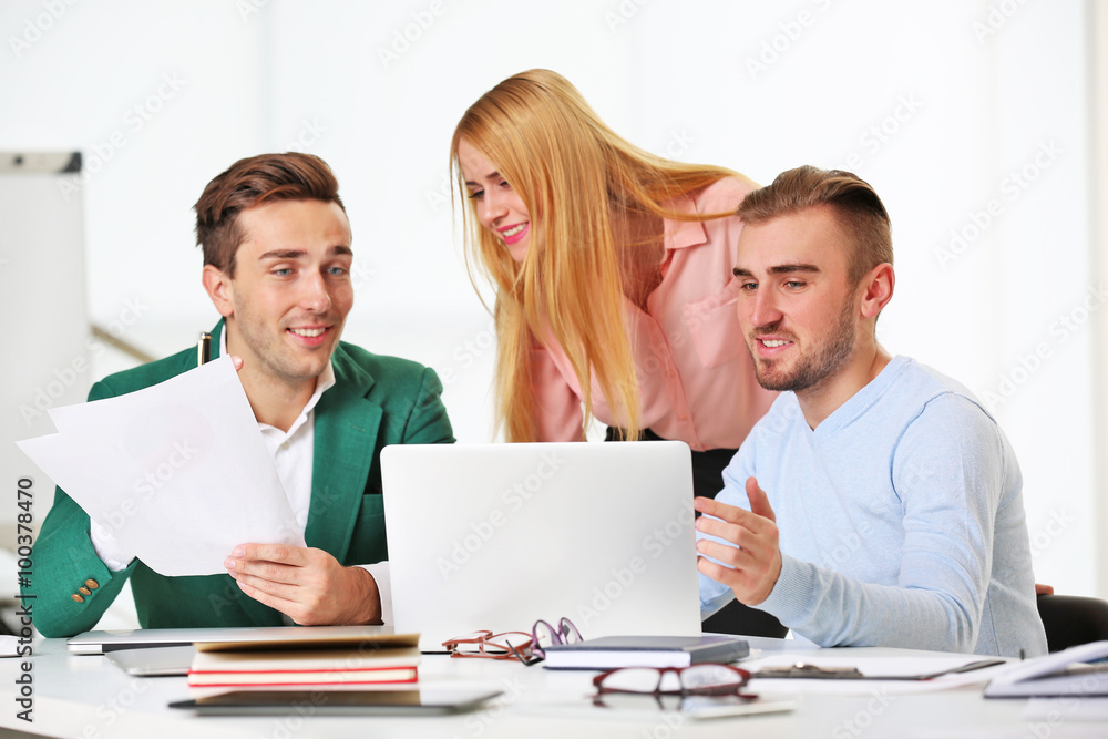 Fototapeta premium Young business people discussing a new project at the meeting in a conference room
