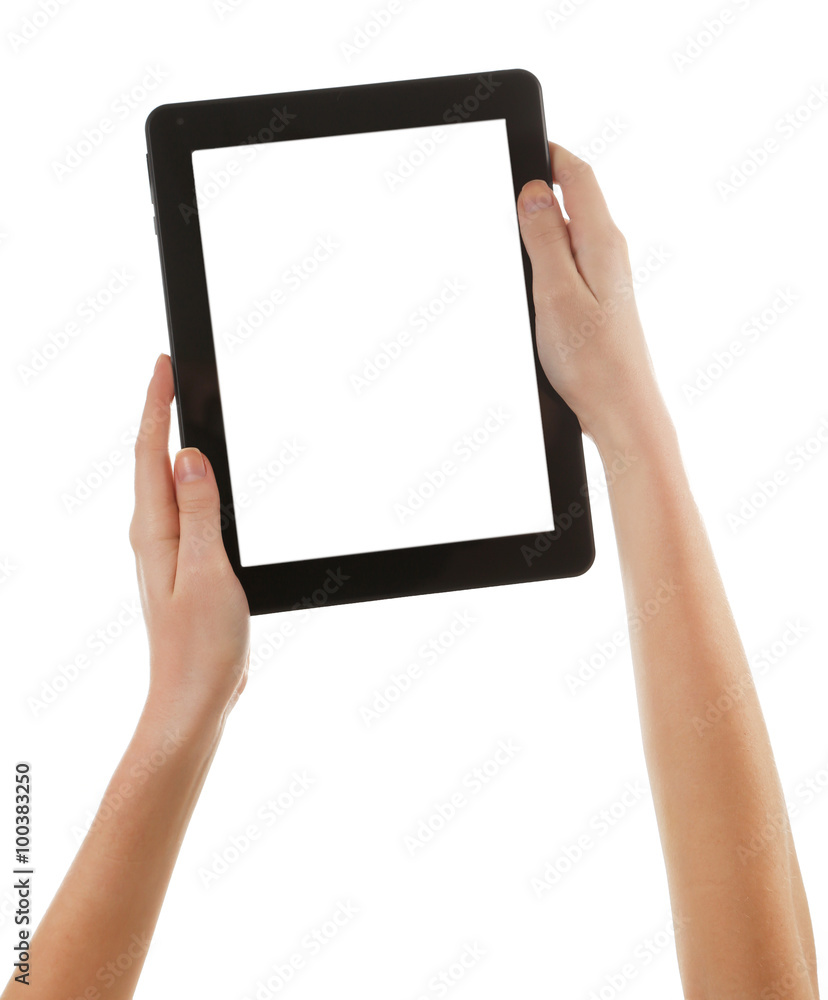 Black tablet in hands isolated on white background Black tablet in hands isolated on white background