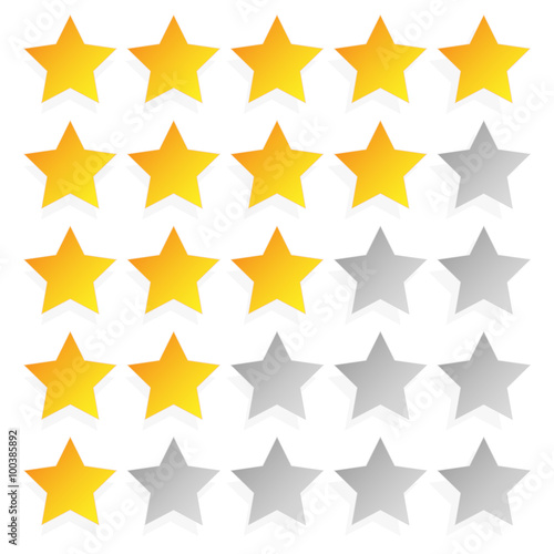 Star rating template with 5 stars. Quality, product, service rev