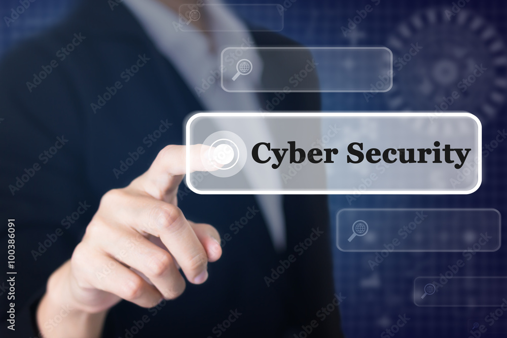 Businessman pressing a Cyber Security concept button. Can be used in advertising. Businessman pressing a Cyber Security concept button. Can be used in advertising.