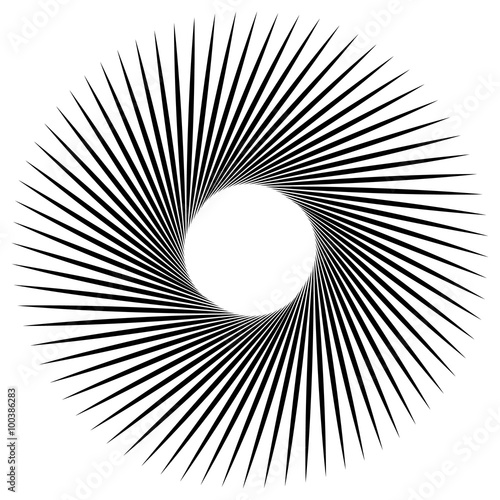 Radiating, radial lines with spiral, vortex effect. Rotating spi