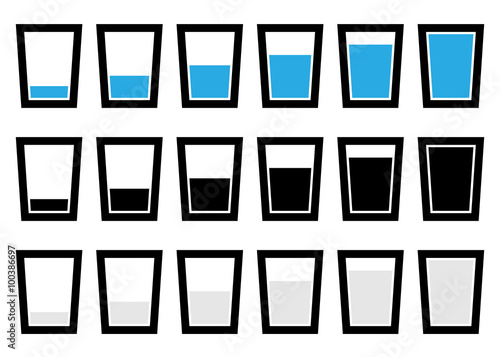 Water glass symbols, pictograms - Empty, half, full glass of wat
