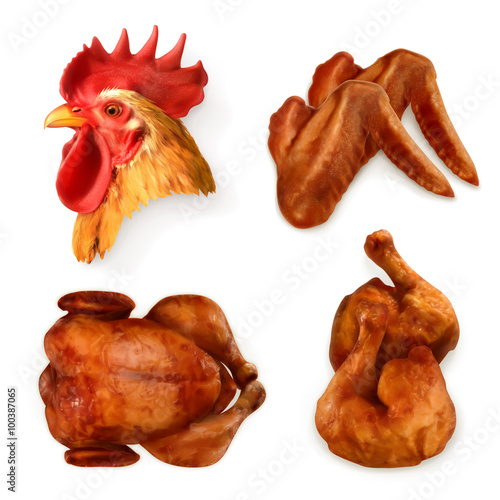Grilled chicken, vector icon set
