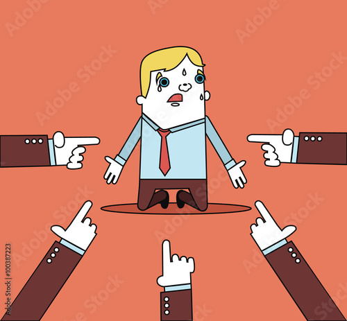 Businessman with hands pointing at him. Vector flat line illustration