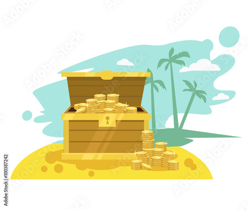 Wooden chest with golden coin. Vector flat illustration