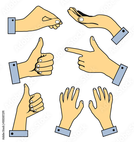 Set of human pointing hands. Vector flat line illustration